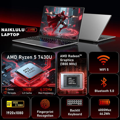 Gaming Laptop Computer, Lap Top PC 2025 Win 11 pro, 16GB RAM 1TB SSD, Ryzen 5 7430U (up to 4.3Ghz, Beat 5700U), Backlit Keyboard, IPS 1920 * 1080 FHD Display, WiFi 5, BT5.0, Fingerprint